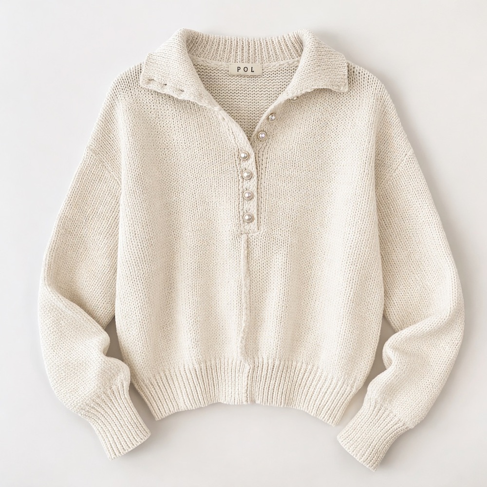 POL | Cream Henley Pullover Sweater Pearl Gold Buttons Size Medium